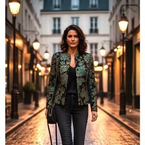 Sandra Darren Womens Sz 10 Green Front Floral Beaded Blazer Heritage Chic